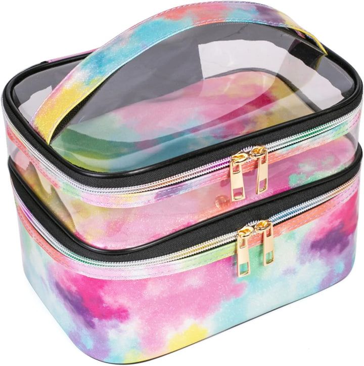 Double-Layer Cosmetic Bag Makeup Bag Travel Makeup Bag Makeup Bags for Women Cosmetics Cases Portable Waterproof Foldable (Leopard)