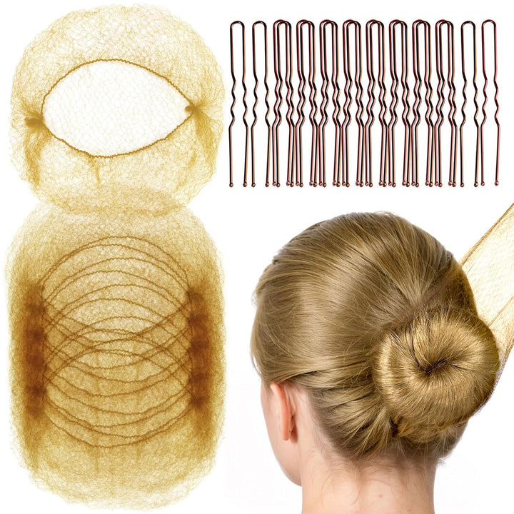 Hair Accessories Set: 20PCS Mesh Hair Nets Invisible and 40PCS U Shaped Hair Pins for Women, Girls, Ballet Bun Maker & Dance (Hair Nets- 20 Inch(50Cm), Hair Pins- 2.4 Inch(6Cm)), Brown