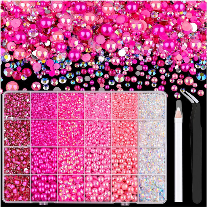 9000PCS Flatback Pearls and Pink Rhinestones for Bedazzling Kit, Pink White 3-10Mm Resin Rhinestones Gems and Half Pearls for Crafting, Nail Art and Grad Cap Decor with B7000 Jewelry Glue