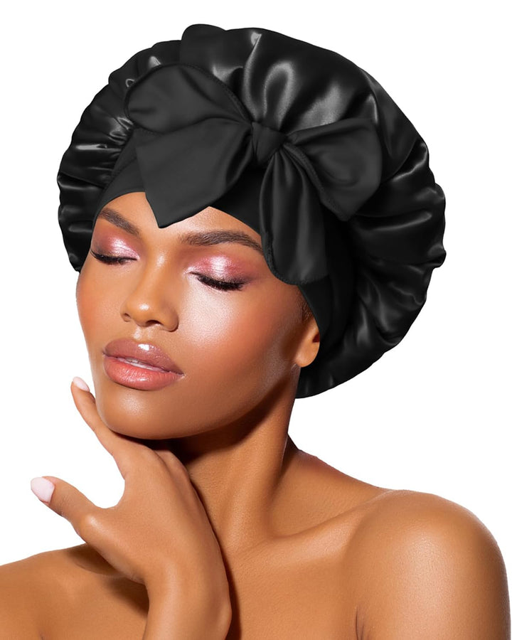 Silk Bonnet for Sleeping Women Satin Bonnet Night Sleep Cap Hair Wrap for All Hair with Adjustable Tie Band,Black
