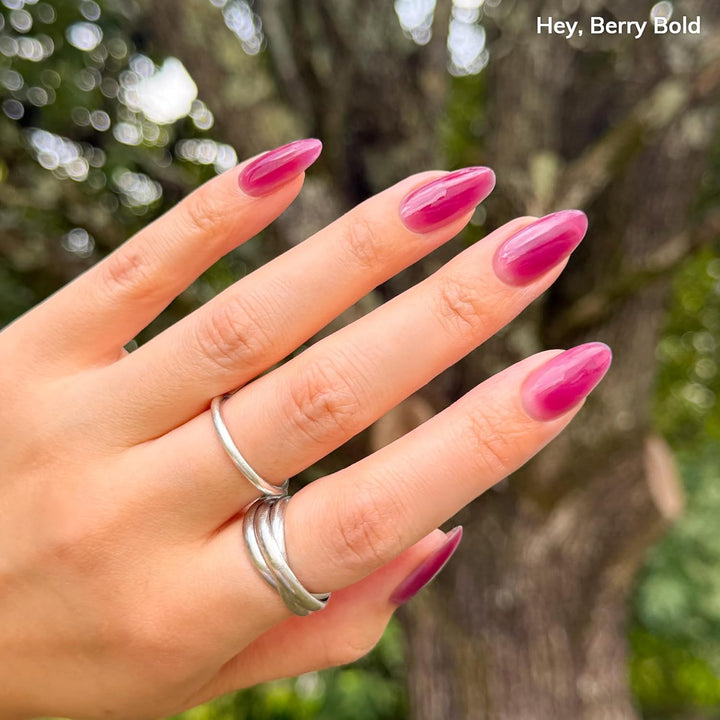 Semi Cured Gel Nail Strips | No LED Lamp Needed | Fall, Jelly, Purple | Easy Apply & Remove, Salon Quality | Includes 28 Strips, 1 Prep Pads, Nail File & Wooden Stick - Hey, Berry Bold