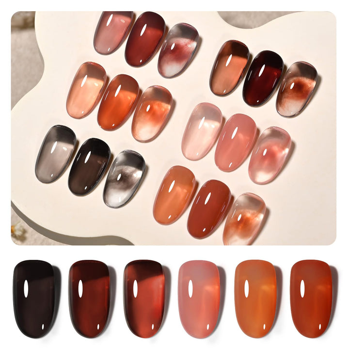 Rose Garden Jelly Gel Nail Polish of 6 Transparent Nude Red Pink Brown Colors Sheer Gel Polish Kit for Salon Manicure and Nail Art DIY at Home