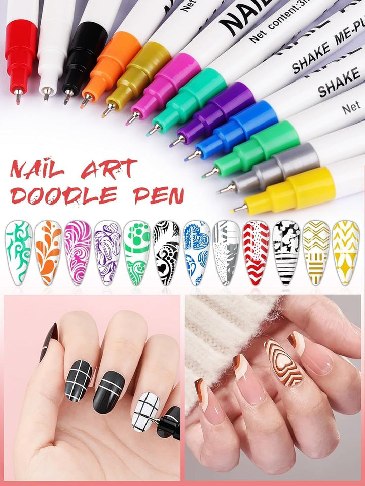 12 Color 3D Nail Art Pens Set,  0.5MM Nail Pens Nail Point Graffiti Dotting Pen Drawing Painting Liner Brush for DIY Nail Art Beauty Adorn Manicure Tools