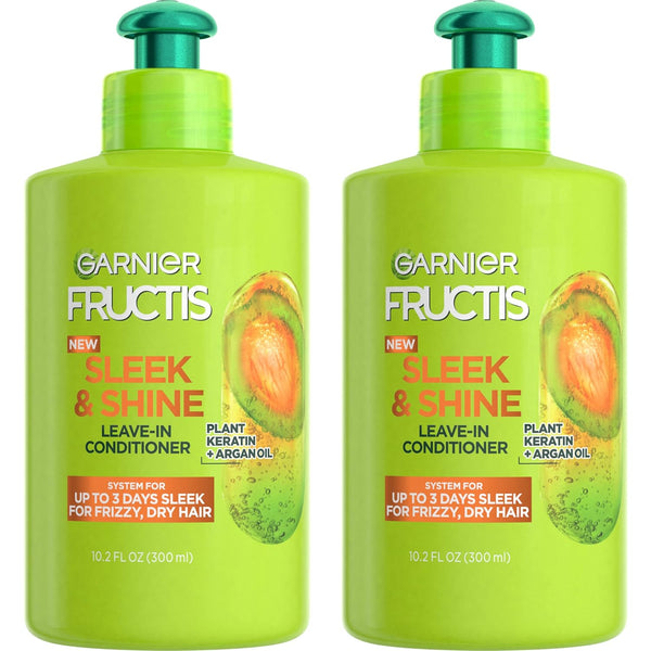Fructis Sleek & Shine Leave-In Conditioning Cream for Frizzy, Dry Hair, Plant Keratin + Argan Oil, 10.2 Fl Oz, 2 Count (Packaging May Vary)