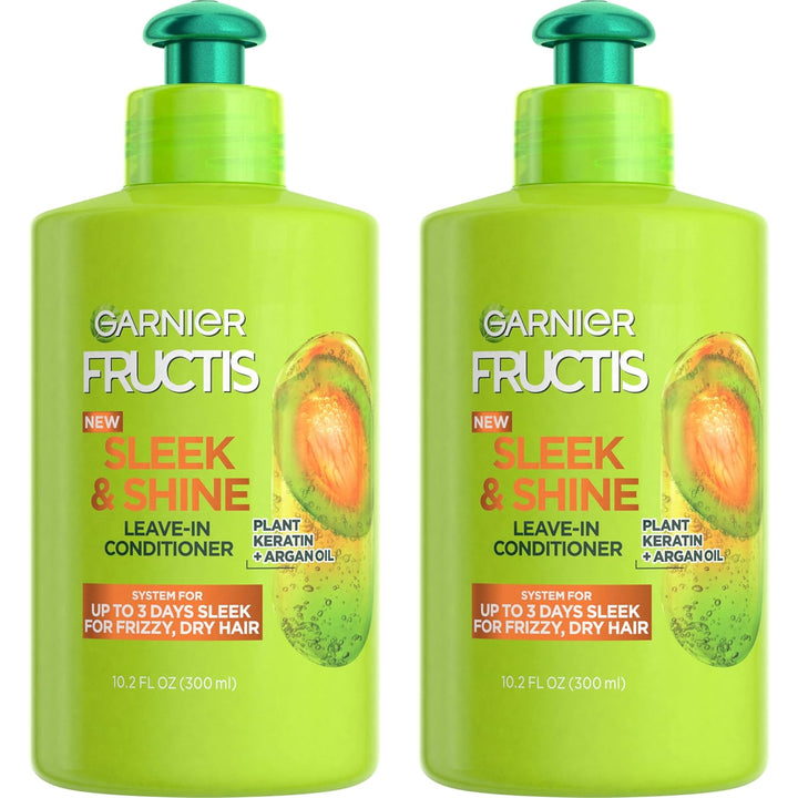Fructis Sleek & Shine Leave-In Conditioning Cream for Frizzy, Dry Hair, Plant Keratin + Argan Oil, 10.2 Fl Oz, 2 Count (Packaging May Vary)