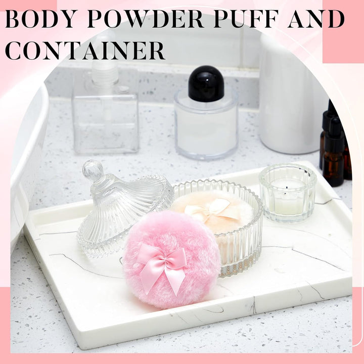 3 Pcs Large Body Powder Puff and Container Powder Container with Puff Crystal Case Soft Washable Reusable Velour Face Body Glitter Wet Dry Makeup(Simple,Clear)