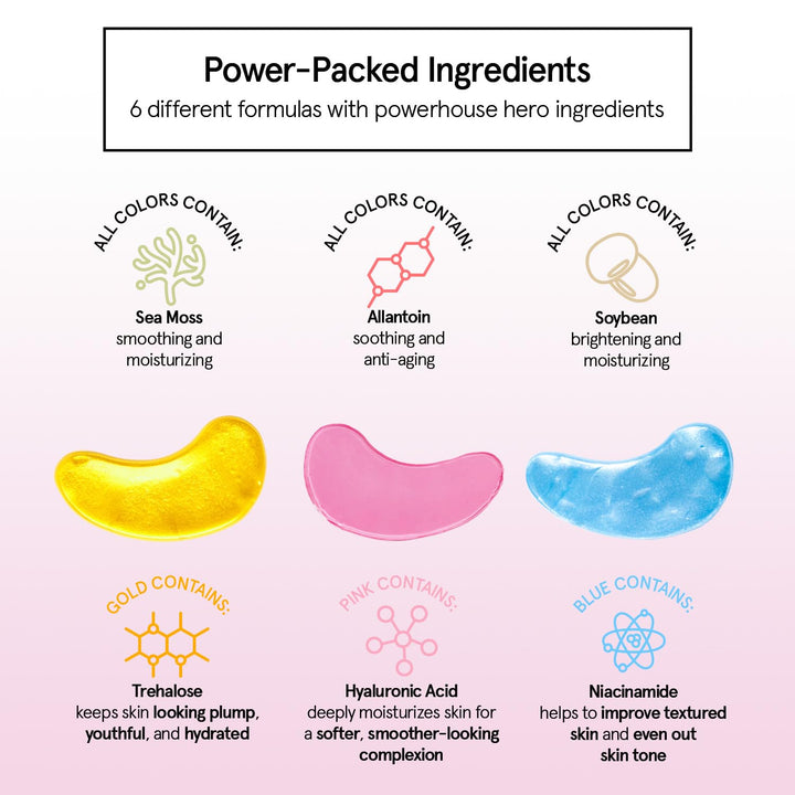 under Eye Mask Variety Pack - 18 Pairs of under Eye Patches for Dark Circles - with 6 Colors (3 Pairs/Color) - Gel Masks Puffy Eyes for Women - Vegan Cruelty Free Bridesmaid Gifts