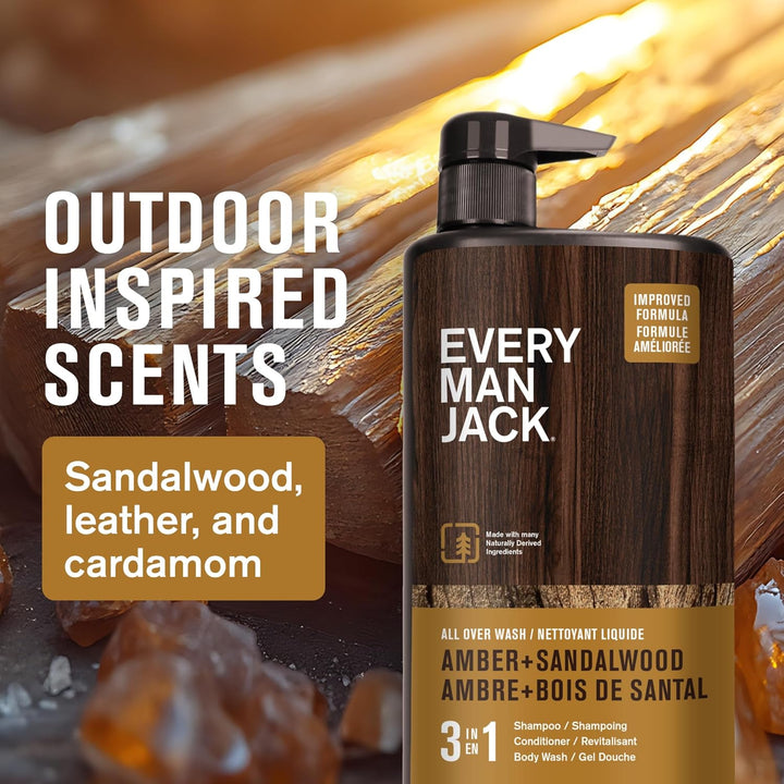 Amber + Sandalwood Hydrating Mens 3-In-1 All over Wash for All Skin and Hair Types - Body Wash, Shampoo and Conditioner with Naturally Derived Ingredients - 28.8Oz (2 Pack)