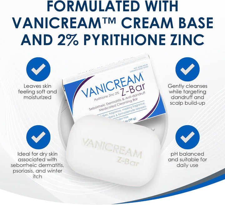 Z Bar, Seborrheic Dermatitis & Anti-Dandruff Medicated Bar, 3.5 Oz, Formulated without Common Irritants for Sensitive Skin, 2% Pyrithione Zinc Helps Relieve Itching, Redness & Flaking