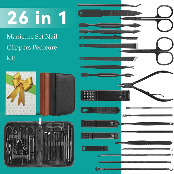 Nail Clippers Set, 26 Piece Manicure Set & Pedicure Kit, Stainless Steel Fingernail & Toenail Clipper Cutters, Professional Nail Care Tools with Luxurious Travel Case for Men and Women, Black