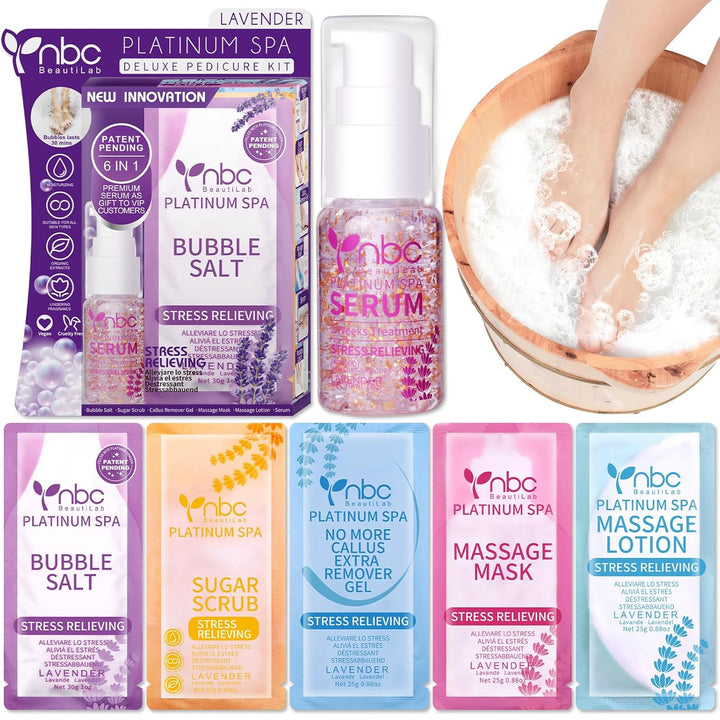 Pedicure Kit Foot Soak Set: Bubble Salt, Sugar Scrub, Massage Mask, Massage Lotion in a Box, 4 Step Foot Spa Kit for Dry Feet,Tired Feet（1 Set Lavender)