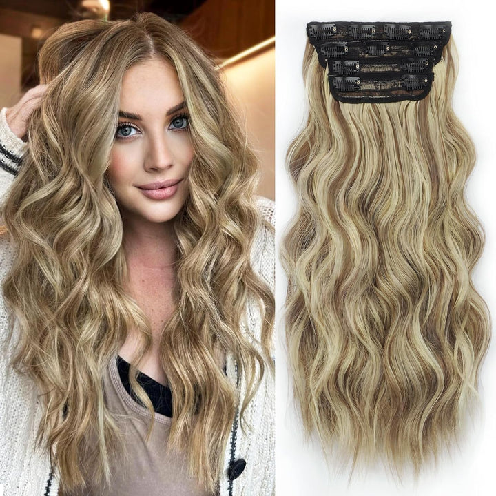 Clip in Long Wavy Synthetic Hair Extension 24 Inch Black 4PCS Thick Hairpieces Fiber Double Weft Hair for Women
