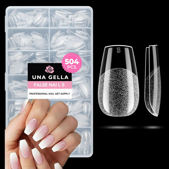 Almond Gel Nail Tips, 504PCS Pre Etched Clear Fake Nails Tips Medium Almond Shape - 12 Sizes Full Cover Soft Acrylic Press on Nail Extensions No C Curve Gift for Diy at Home