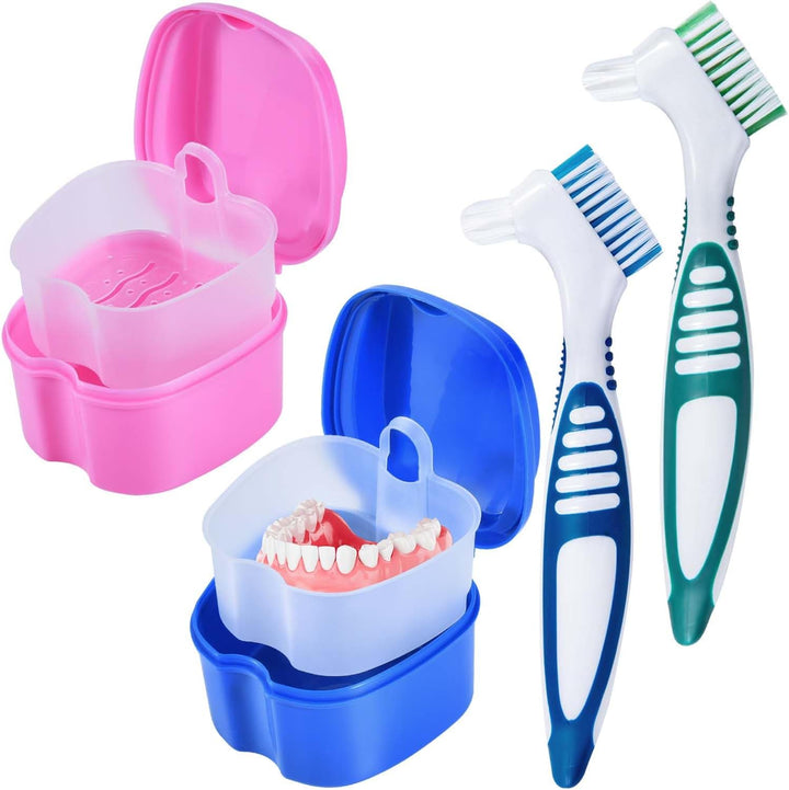 2 Pack Denture Bath Case Cup Box Holder Storage Container with Denture Cleaner Brush Strainer Basket for Travel Cleaning (Light Blue and Blue)
