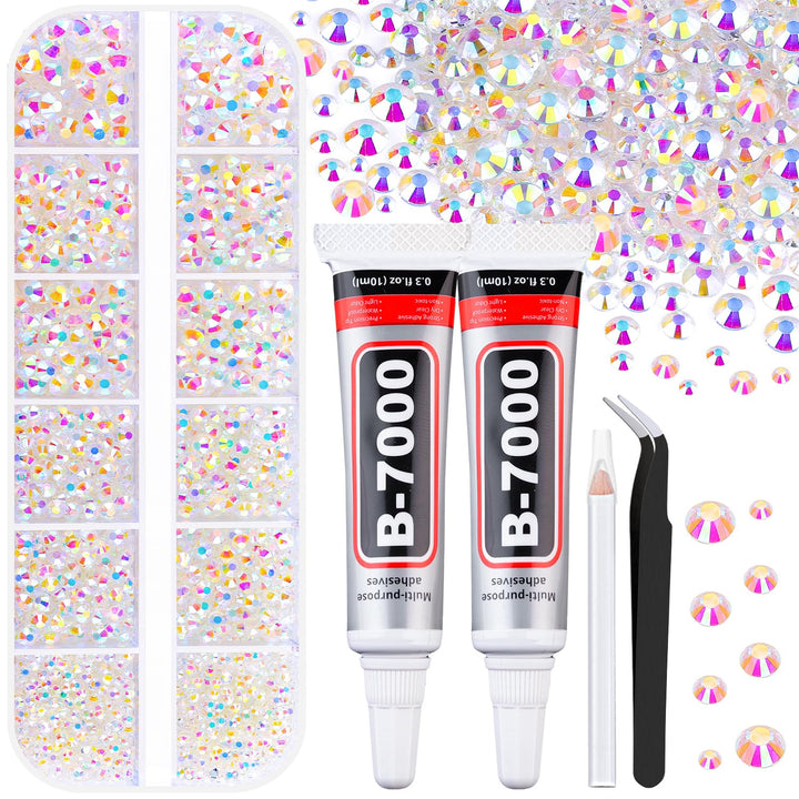 6100Pcs Resin Rhinestones for Crafting with 2Pcs 10Ml B7000 Jewelry Glue, 1 Box Flatback Crystals Diamond (Clear) for Bedazzling Crafts DIY Nail Art Non Hotfix Gems for Clothing Shoes Tumblers