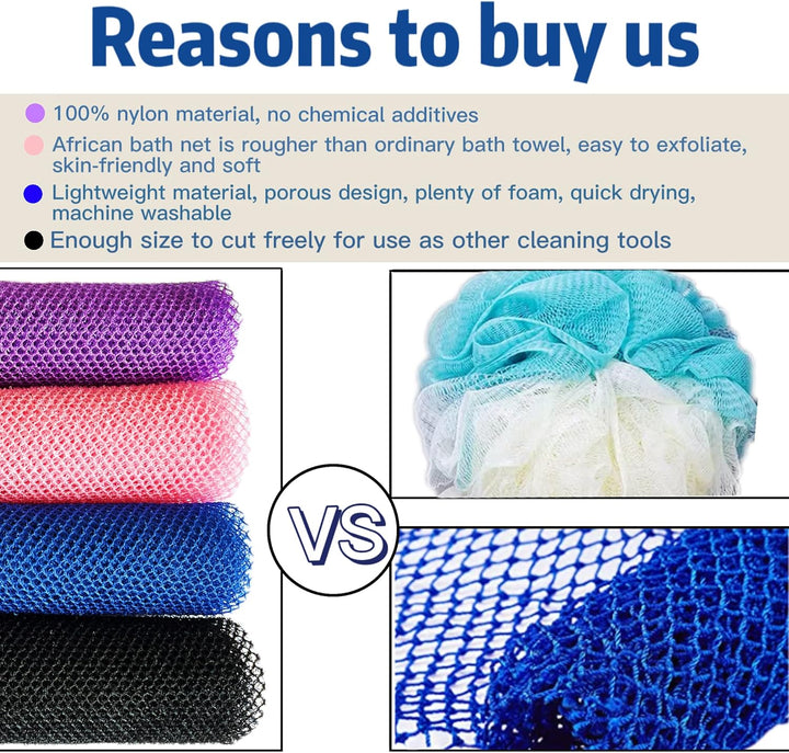 African Exfoliating Net, 4 Pieces African Net Sponge, Nylon African Bath Sponge Net, African Net Long Net Bath Sponge Shower Body Scrubber