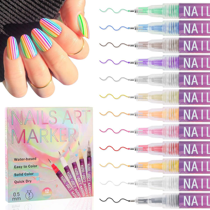 12 Colors Nail Art Pens Set, 3D 0.7MM Nail Polish Pens Quick-Drying Nail Art Acrylic Paint Nail Point Dotting Liner Pen Tools for Home & Salon Nail DIY