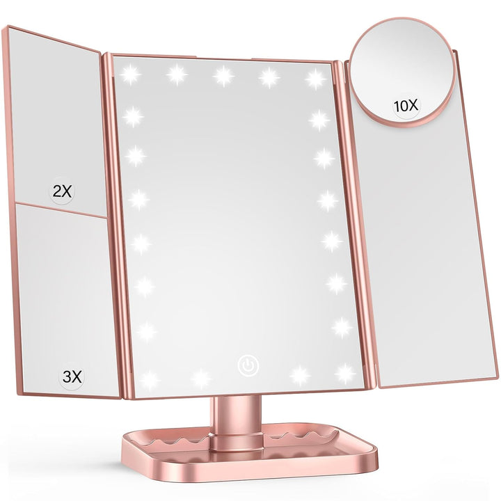 Makeup Mirror Vanity Mirror with Lights, 2X, 3X, 10X Magnification, Touch Control, Trifold, White, 9.4" L X 13.4" W, Modern Style, Dresser Mount, Bathroom