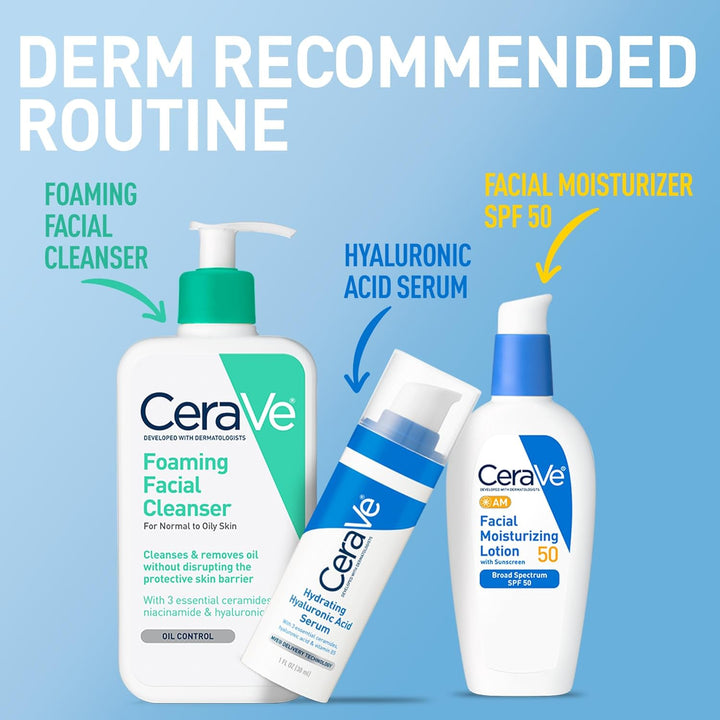 AM Facial Moisturizing Lotion SPF 50, Face Moisturizer with SPF, Hyaluronic Acid, Niacinamide & Ceramides, Non-Greasy, Blends Seamlessly with No White Cast, Non Comedogenic Sunscreen, 3 Oz