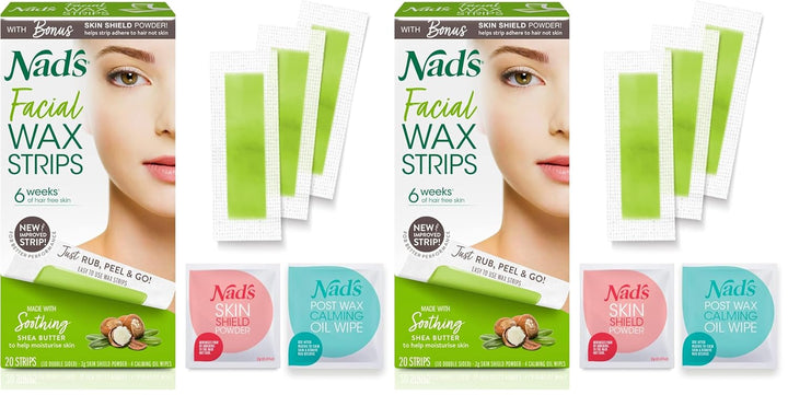 Facial Wax Strips - Hypoallergenic All Skin Types - Facial Hair Removal for Women - at Home Waxing Kit with 20 Face Wax Strips + 4 Calming Oil Wipes + Skin Protection Powder