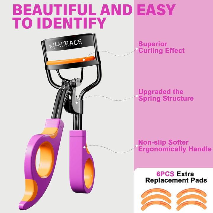 Eyelash Curlers with 6PCS Extra Replacement Pads, Premium Quality Eye Lash Curler, Superior Curling Effect, Easy to Hold and Use, Christmas Gifts for Her - Orange Purple Handle