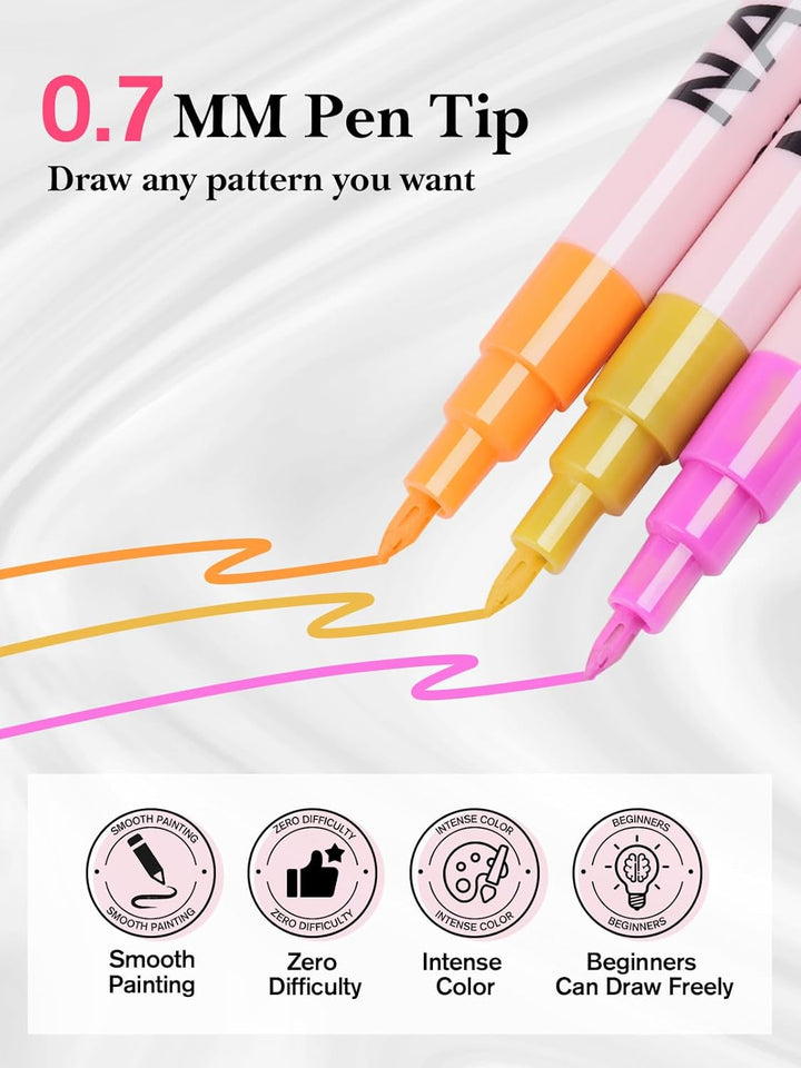 12 Colors Nail Art Pens Set, 3D 0.7MM Nail Polish Pens Quick-Drying Nail Art Acrylic Paint Nail Point Dotting Liner Pen Tools for Home & Salon Nail DIY