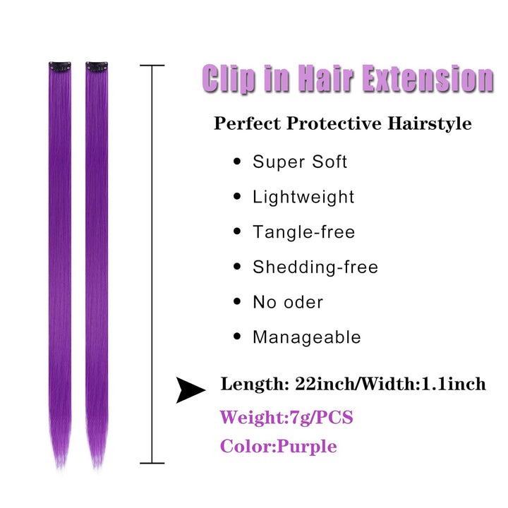 12PCS Colored Purple Hair Extensions Clip in Colorful Hair Extensions 22 Inch Rainbow Hair Extensions for Kids Women'S Gifts Blue Hair Extensions (22Inch,Purple)