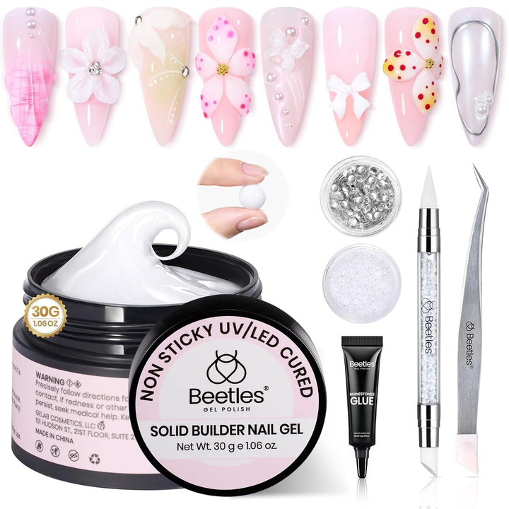 Beetles 3D Gel Nail Art Kit-Crystal Orb 3D Nail Art Clear 1 Oz 5 in 1 Non-Sticky Hand Sculpting Building for Beginner DIY Salon at Home,Clear Solid Builder Nail Gel, UV & LED Lamp Cured Needed