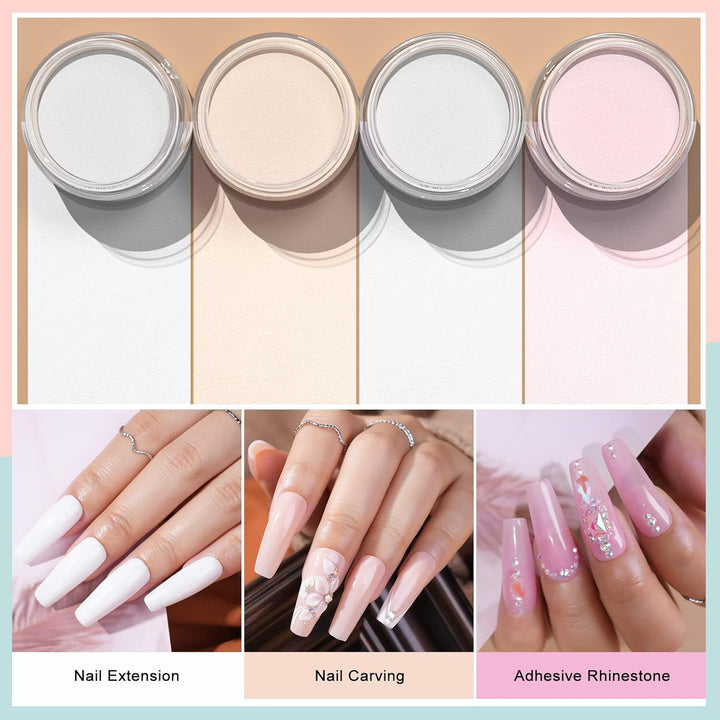 Acrylic Nail Powder Set: 4 Colors Clear Nude Pink White Acrylic Powder for Nail Extension Carving