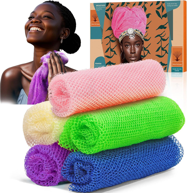 4 Pieces African Net Sponge – Premium African Net Sponge for Deep Exfoliation Quick-Dry and Reusable Mesh for Smooth Skin（Yellow Pink Purple Blue）