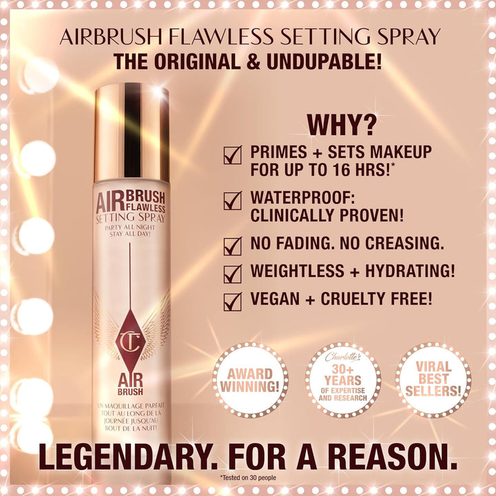 Charlotte Tilbury Airbrush Flawless Setting Spray - Ultra-Fine Hydrating Mist to Prime & Set Face Makeup for up to 16Hr - Soothes, Blurs Pores & Calms Skin