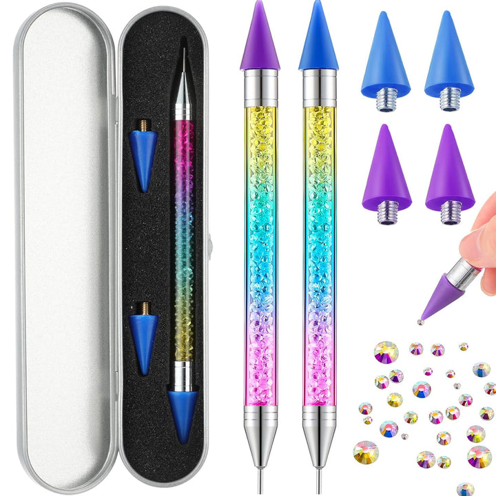 2 Pieces Rhinestone Picker Dotting Pen, Dual-Ended Rhinestone Gems Crystals Studs Picker Wax Pencil Pen Crystal Beads Handle Manicure Nail Art DIY Decoration Tool (Light Blue Pink)