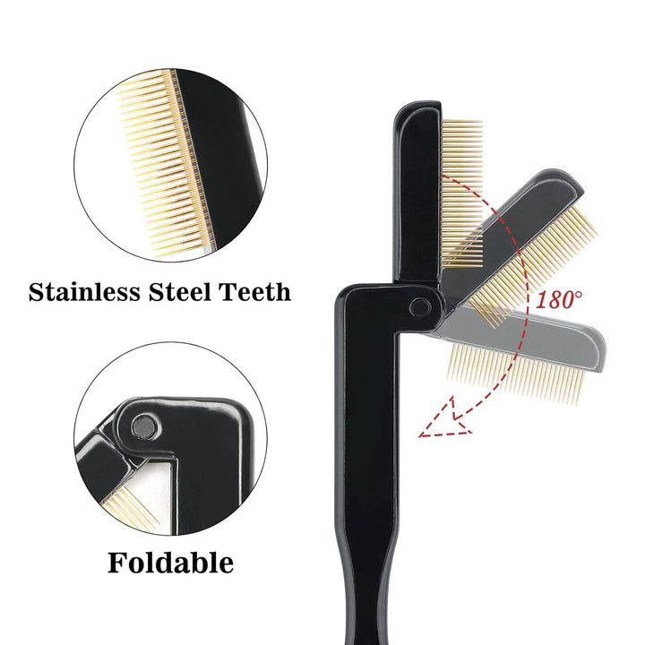 2PCS Folding Eyelash Comb, Eyelash Separator Tool, Black Eyebrow Comb Metal Teeth, Eyelash Brush Tool for Lash & Brow