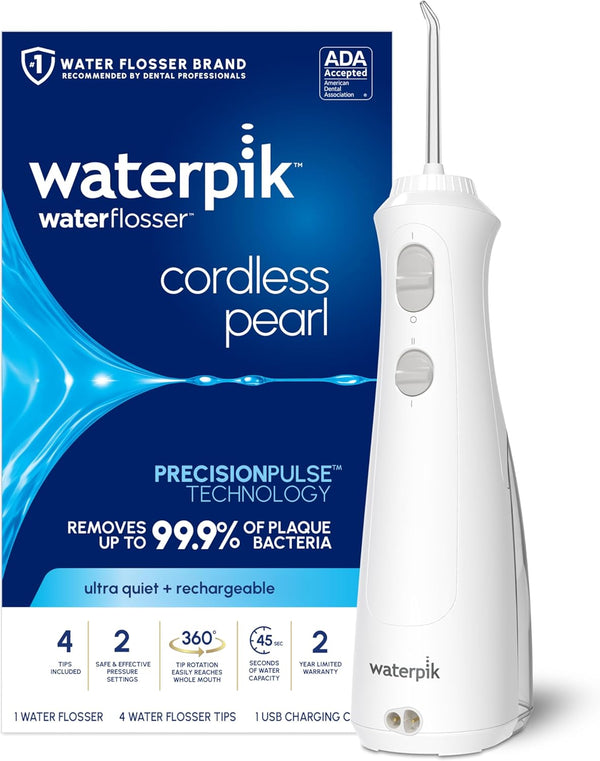 Cordless Pearl Rechargeable Portable Water Flosser for Teeth, Gums, Braces Care and Travel with 4 Flossing Tips - ADA Accepted, WF-13 White, Packaging May Vary