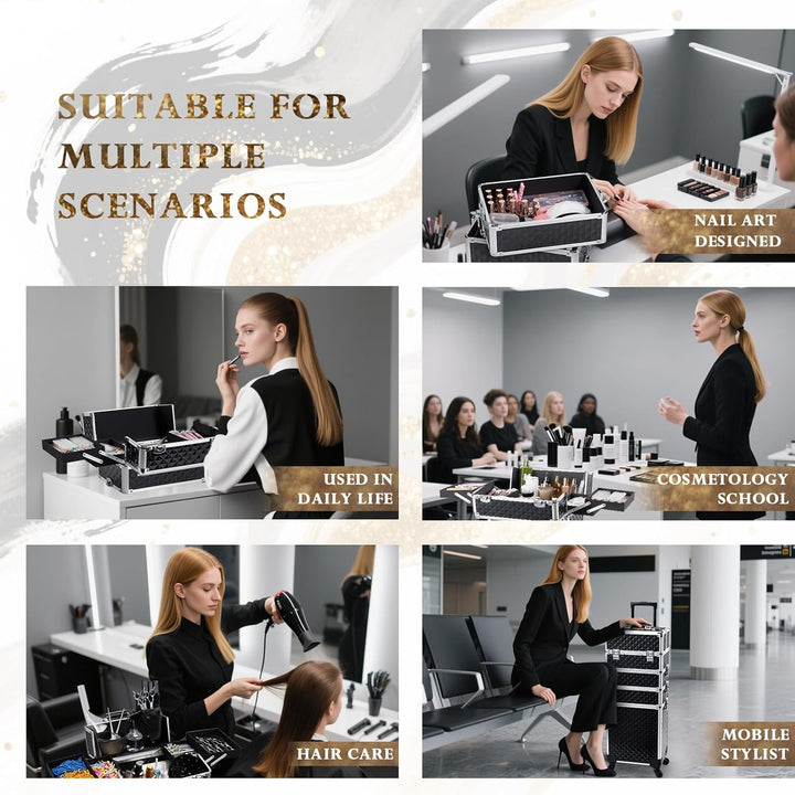 Rolling Makeup Case Cosmetology Case on Wheels 4 in 1 Large Cosmetic Organizer Train Case Makeup Travel Case with Key Swivel Wheels Nail Artist Salon Storage Traveling Cart Trunk Black