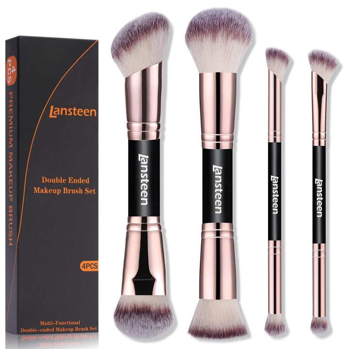 Makeup Brush Set, 4PCS Dual Ended Foundation, Powder, Contour, Concealer, Eye Make up Brushes for Liquid Blending Cream Bronzer, Kabuki Face Brushes Makeup