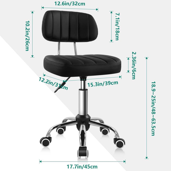 Black Square Swivel Stool with Wheel for Work SPA Shop Massage Height-Adjustable and Cost-Effective Rolling Stool Chair with Back