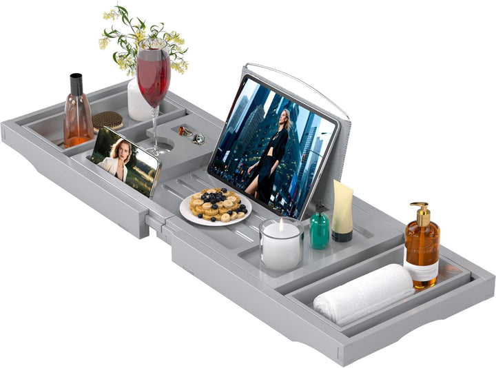 Luxury Bathtub Caddy Tray for Tub - Foldable Bamboo Bath Table Tray with Book and Wine Glass Holder, Expandable Bathroom Accessories for Spa or Reading Lite Style