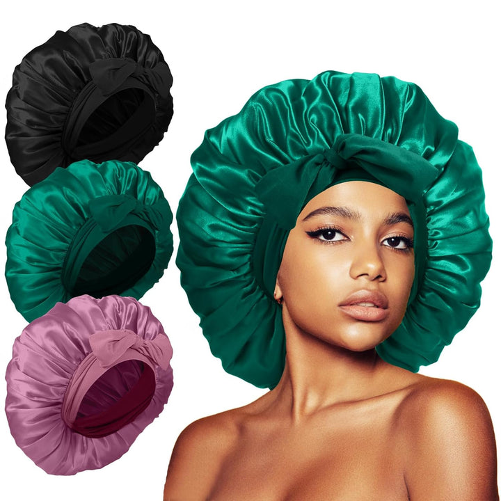 3Pcs Bonnets for Sleeping, Extra Satin Silk Bonnet for Sleeping Women with Tie Band for Curly Hair Jumbo Bonnet Braids