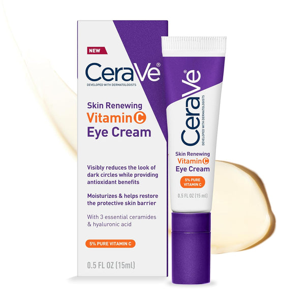 Skin Renewing Vitamin C Eye Cream, Vitamin C, Hyaluronic Acid, Ceramides & Caffeine, under Eye Cream for Dark Circles and Puffiness, Fragrance Free & Ophthalmologist Tested, 0.5 Fl. Oz