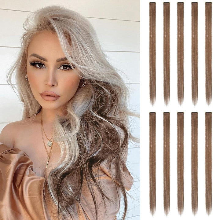 Colored Clip in Hair Extensions - 10 PCS Skyblue Light Blue Highlighted Hair Piece Straight Synthetic Clip in Hairpieces for Women 22 Inch