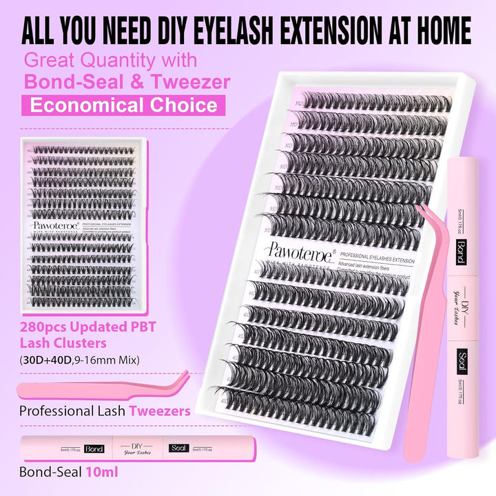 Lash Extension Kit DIY 280Pcs Lash Clusters Eyelash Extension Kit, 9-16Mm 30D 40D Individual Lashes Kit with Lash Bond and Seal, Lash Tweezers for Self Use (30D&40D, 0.07D, 9-16Mm, Kit)