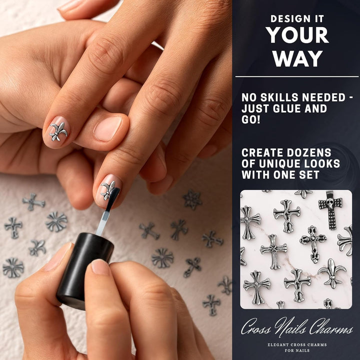 100 Pcs Halloween Nail Charms and Gems - Sturdy & Easy-To-Apply Decorations for DIY & Professional Use, Variety of 3D Acrylic Silver Cross Nail Charms | Halloween Nail Decor or Daily Manicure Designs