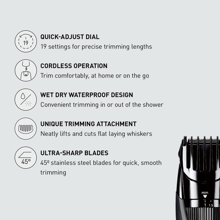 Cordless Beard Trimmer for Men with Precision Dial, 19 Adjustable Length Settings, Rechargeable Battery, Washable - ER-GB42-K (Black)