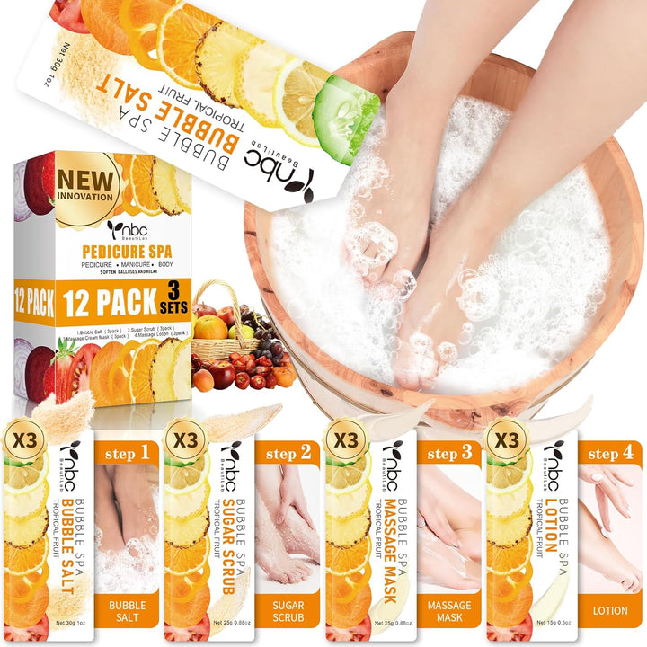 Pedicure Kit Foot Soak Set: Bubble Salt, Sugar Scrub, Massage Mask, Massage Lotion in a Box, 4 Step Foot Spa Kit for Dry Feet,Tired Feet（1 Set Lavender)