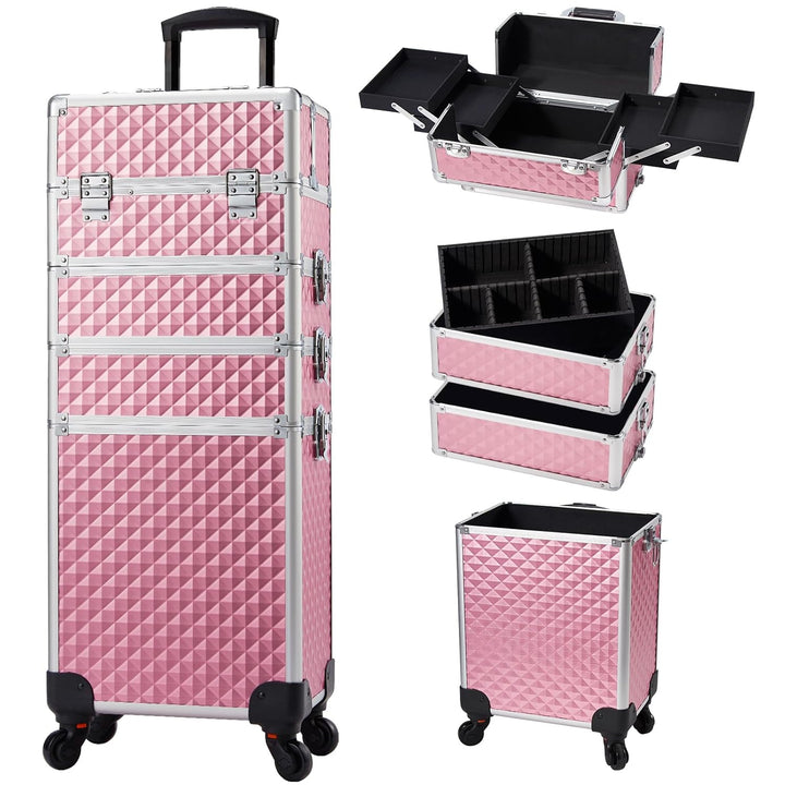 Rolling Makeup Case Cosmetology Case on Wheels 4 in 1 Large Cosmetic Organizer Train Case Makeup Travel Case with Key Swivel Wheels Nail Artist Salon Storage Traveling Cart Trunk Black