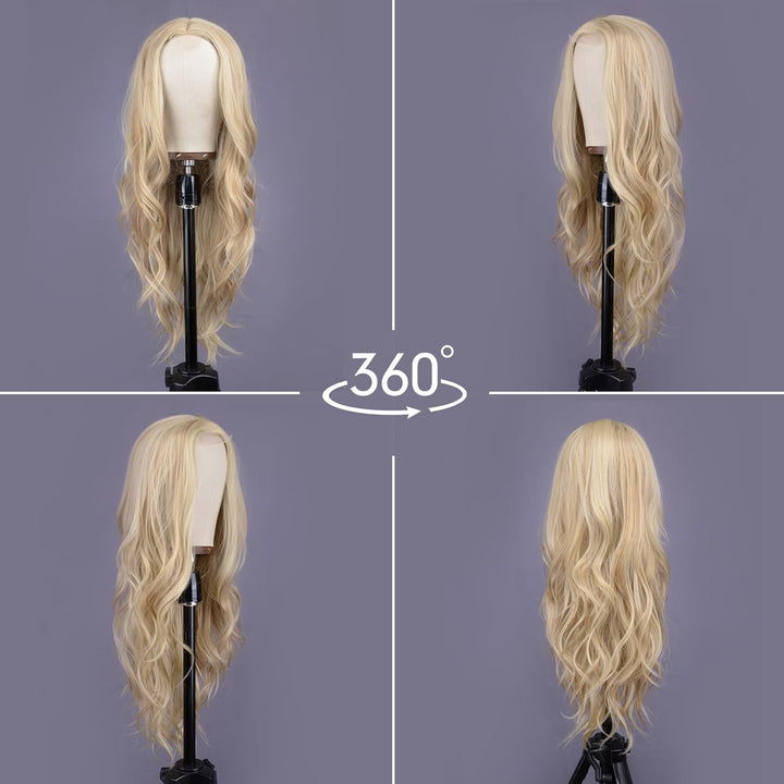 Mixed Blonde Long Wave Wig for Women -26Inch Middle Part Long Curly Wig Heat Resistant Synthetic Hair Looking Natural, Fiber Wig for Daily Party Use