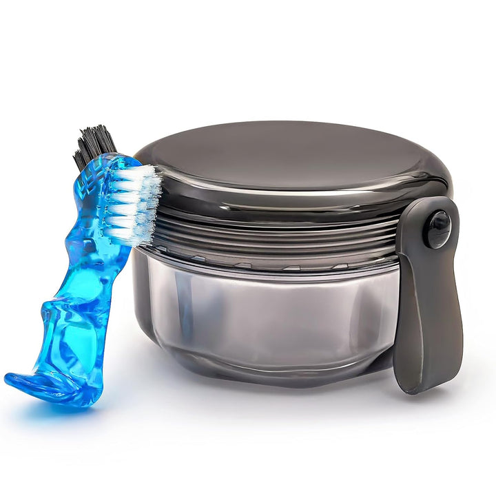 Leak Proof Denture Cups for Soaking Dentures, Partial Denture Bath Case Travel Retainer Cleaning Container Case with Brush for Aligner, Denture, Mouth Guard - Transparent Black