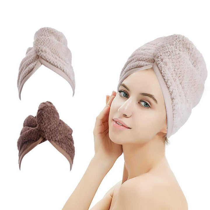 2 Pack Microfiber Hair Towel Wrap,Hair Drying Towel with Button, Towel Turban,Head Towel to Dry Hair Quickly (Pink&Beige)