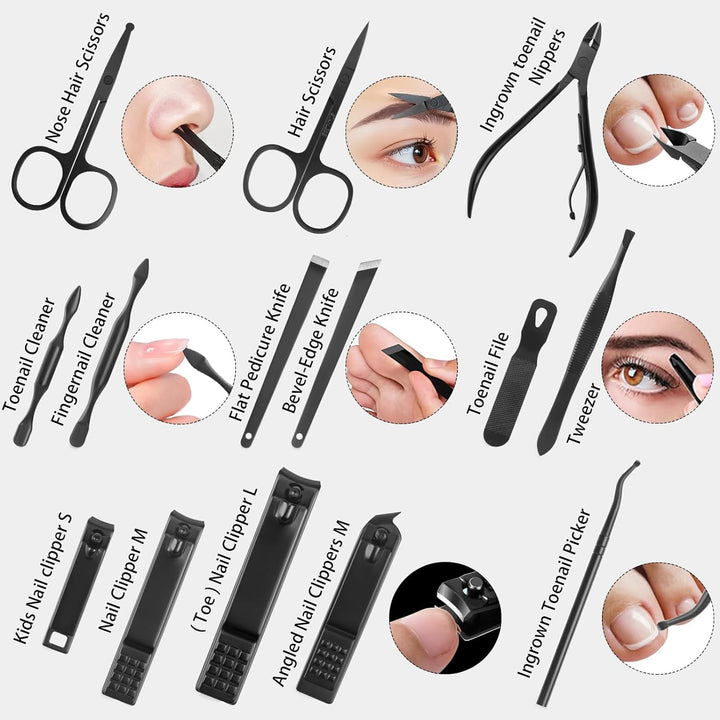 Nail Clippers Set, 26 Piece Manicure Set & Pedicure Kit, Stainless Steel Fingernail & Toenail Clipper Cutters, Professional Nail Care Tools with Luxurious Travel Case for Men and Women, Black